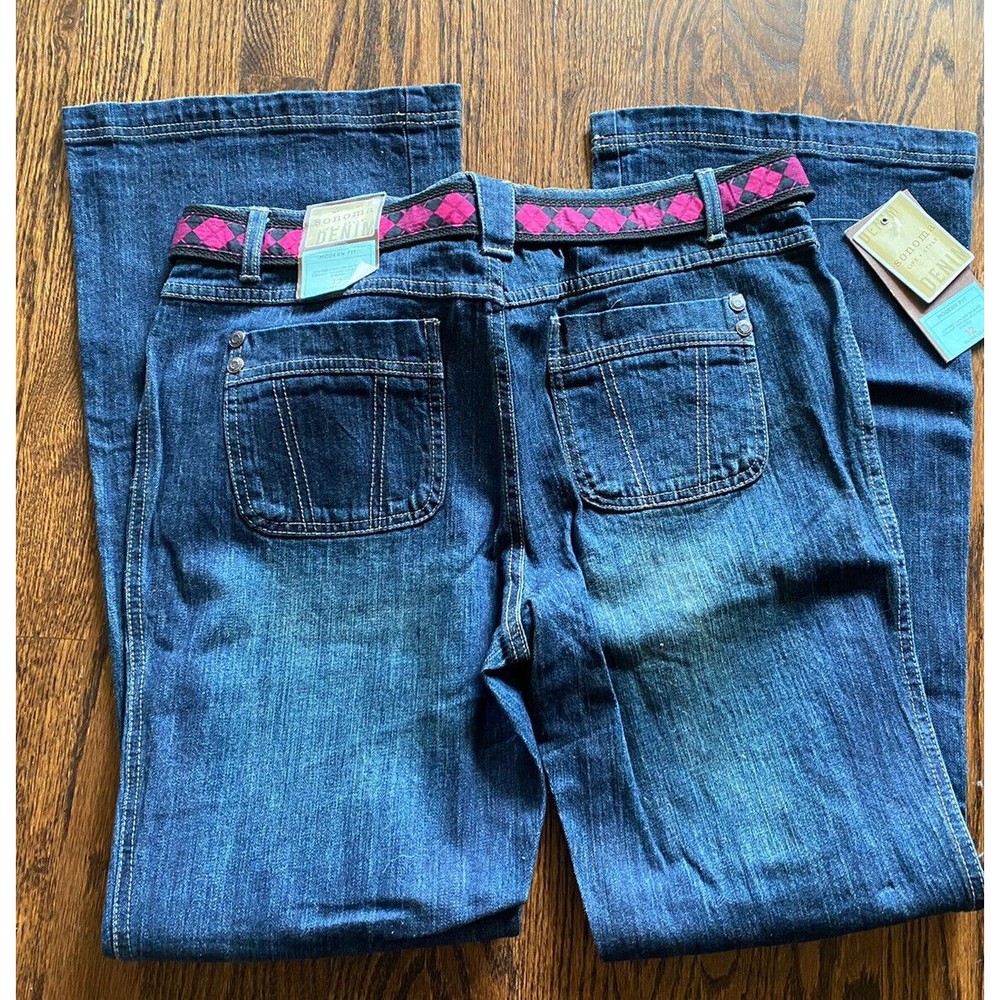 NWT Sonoma 12 jeans flare leg cargo pocket dark blue 12 stretch Belt Brand New - Picture 6 of 7